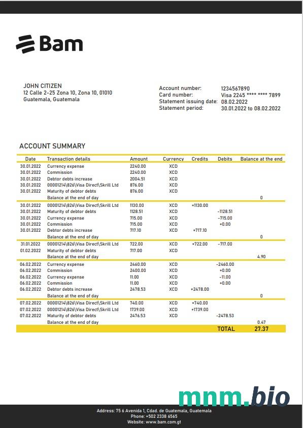 Szablon wyciągu bankowego Guatemala Agromercantil w programie Word i PDF